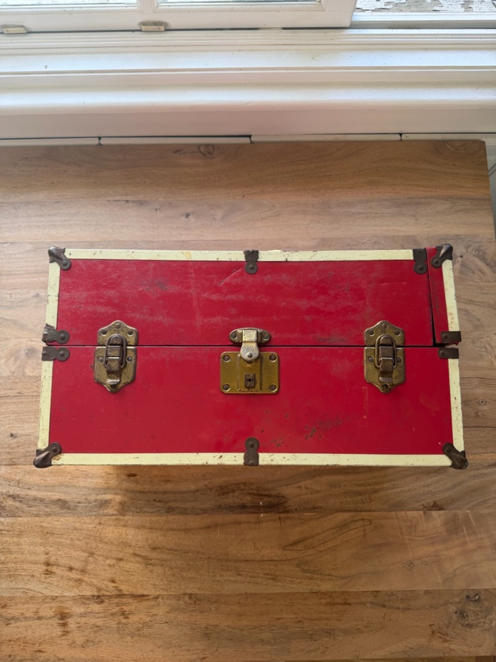 Vintage Red and Cream Metal Doll Trunk with Brass Hardware